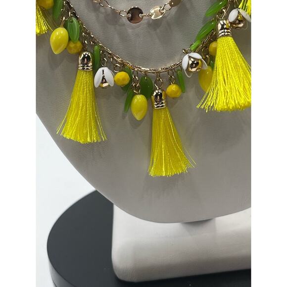 Lilly Pulitzer Triple Strand Lemon Grove Yellow Tassel Green Leaves Necklace New - Picture 4 of 16